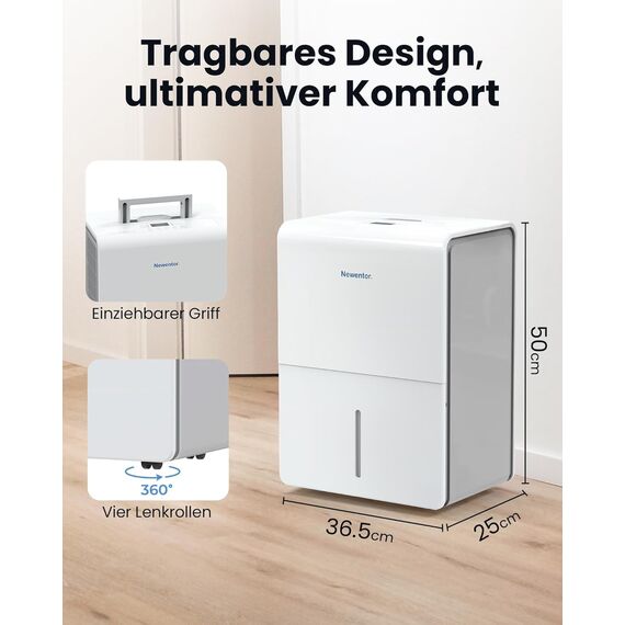 Newentor Luftentfeuchter elektrisch 25L, Entfeuchter elektrisch keller, Raumentfeuchter elektrisch, Dehumidifiers for home für 215m³/80m², mit Timer, Filter, Ablaufschlauch, 10 J. Gar.