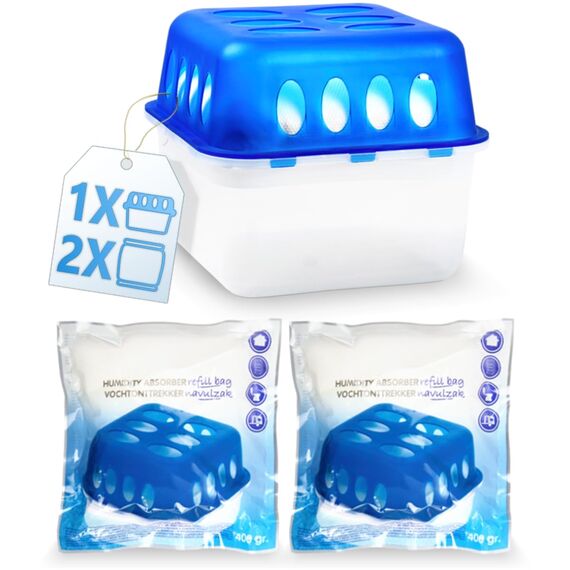 Stimo Luftentfeuchter Box mit 2 Nachfüllpacks Raumentfeuchter Feuchtigkeits-Stopper mit Granulat - Beutel (1x Box + 2x Nachfüllpack 400g)