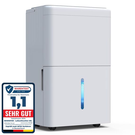 Newentor Luftentfeuchter elektrisch 20L, Entfeuchter elektrisch keller, Raumentfeuchter elektrisch, Dehumidifiers for home für 150m³/50m², mit Timer, Filter, Ablaufschlauch, 10 J. Gar.