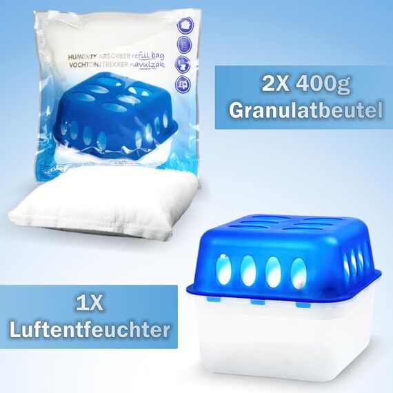 Stimo Luftentfeuchter Box mit 2 Nachfüllpacks Raumentfeuchter Feuchtigkeits-Stopper mit Granulat - Beutel (1x Box + 2x Nachfüllpack 400g)