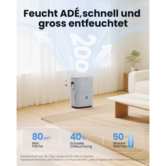 Newentor Luftentfeuchter elektrisch 25L, Entfeuchter elektrisch keller, Raumentfeuchter elektrisch, Dehumidifiers for home für 215m³/80m², mit Timer, Filter, Ablaufschlauch, 10 J. Gar.