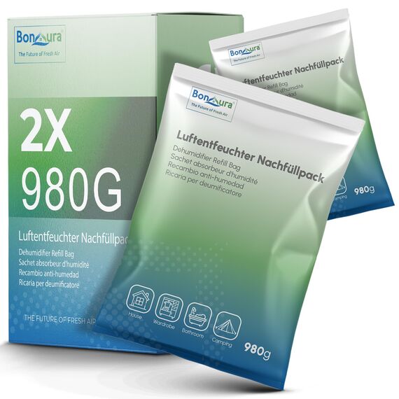 BonAura® Luftentfeuchter Nachfüllpack 2x 980g - Sparset Luftentfeuchter Granulat - 2er Set Entfeuchter Granulat - Schimmel- und Geruchsschutz