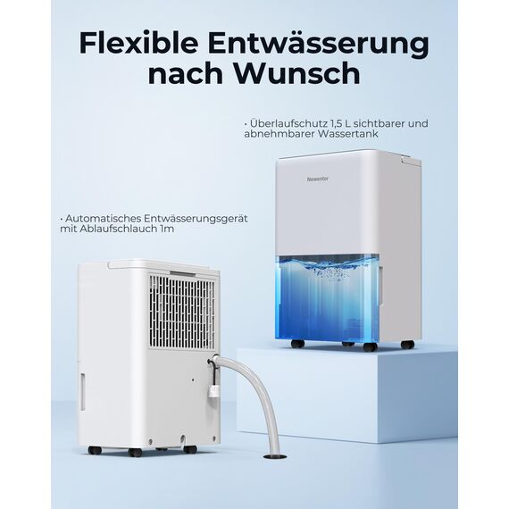 Newentor Luftentfeuchter Elektrisch 12L/Tag, Entfeuchter Elektrisch Keller 122m³/25m², Raumentfeuchter Elektrisch Leise 35dB, Mit 10 J. Gar., Ablaufschlauch, Abnehmbarem Filter, Timer