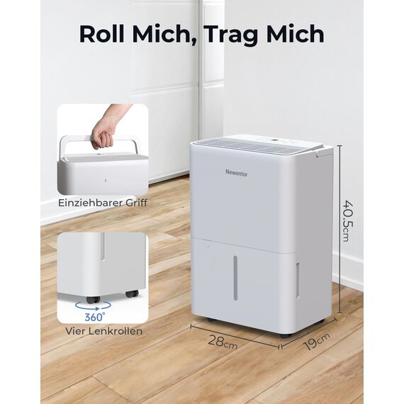 Newentor Luftentfeuchter Elektrisch 12L/Tag, Entfeuchter Elektrisch Keller 122m³/25m², Raumentfeuchter Elektrisch Leise 35dB, Mit 10 J. Gar., Ablaufschlauch, Abnehmbarem Filter, Timer