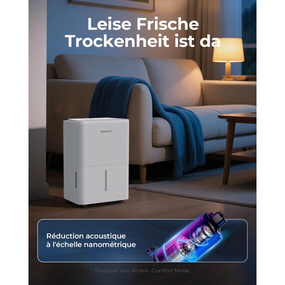 Newentor Luftentfeuchter Elektrisch 12L/Tag, Entfeuchter Elektrisch Keller 122m³/25m², Raumentfeuchter Elektrisch Leise 35dB, Mit 10 J. Gar., Ablaufschlauch, Abnehmbarem Filter, Timer