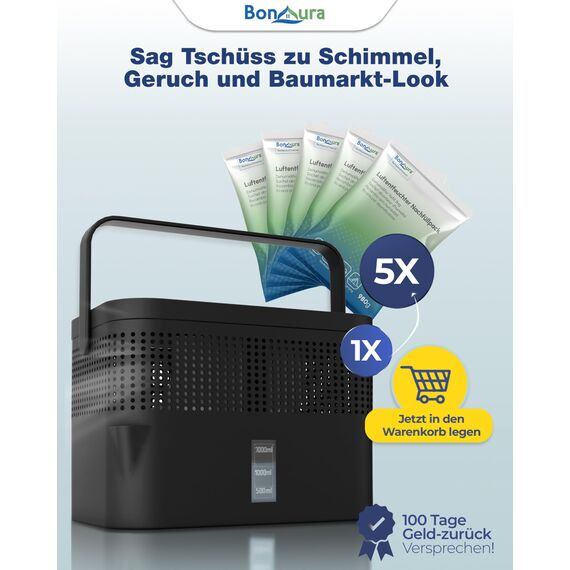 BonAura® AirOne Max Luftentfeuchter ohne Strom bis 33m² I 360° Belüftung I Raumentfeuchter mit Ausgießer & 5 x 980g Luftentfeuchter Granulat I Schimmel- und Geruchsschutz I Raum Entfeuchter Keller