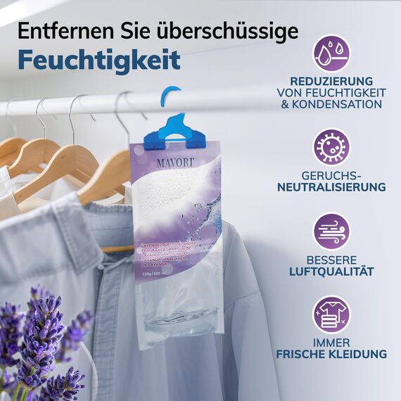 MAVORI 30er Set Luftentfeuchter zum Aufhängen I Luftentfeuchter Beutel I Entfeuchter Schrank und Feuchtigkeitsabsorber für Räume gegen Feuchtigkeit und Gerüche I bis zu 500ml Beutel (Lavendelduft)