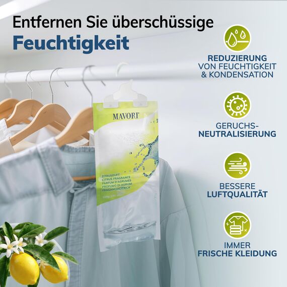 MAVORI 30er Set Luftentfeuchter zum Aufhängen I Luftentfeuchter Beutel I Entfeuchter Schrank und Feuchtigkeitsabsorber für Räume gegen Feuchtigkeit und Gerüche I bis zu 500ml Beutel (Zitrusduft)