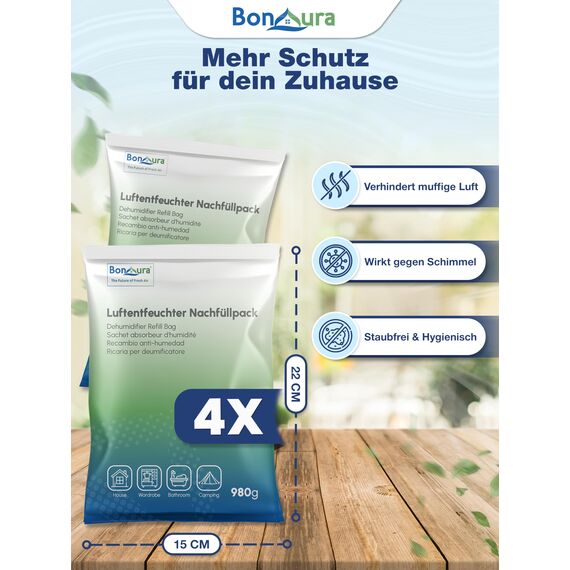 BonAura® Luftentfeuchter Nachfüllpack 4x 980g - Sparset Luftentfeuchter Granulat - 4er Set Entfeuchter Granulat - Schimmel- und Geruchsschutz