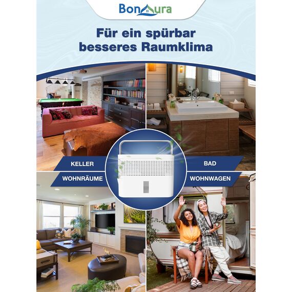 BonAura® Luftentfeuchter ohne Strom - Raumentfeuchter für Keller, Bad uvm. - 980g Luftenfeuchter Nachfüllpack inklusive - Entfeuchter und Luftentfeuchter Granulat im Set - Schutz vor Schimmel