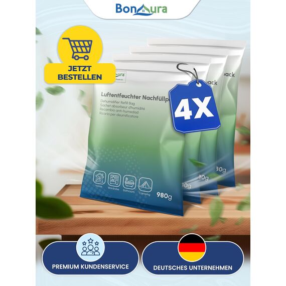 BonAura® Luftentfeuchter Nachfüllpack 4x 980g - Sparset Luftentfeuchter Granulat - 4er Set Entfeuchter Granulat - Schimmel- und Geruchsschutz