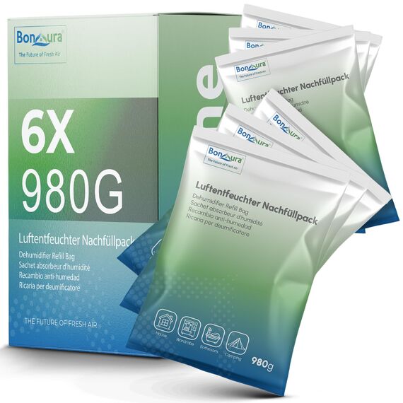 BonAura® Luftentfeuchter Nachfüllpack 6x 980g - Sparset Luftentfeuchter Granulat - 6er Set Entfeuchter Granulat - Schimmel- und Geruchsschutz