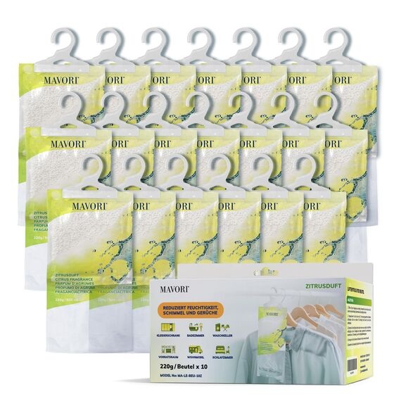 MAVORI 20er Set Luftentfeuchter zum Aufhängen I Luftentfeuchter Beutel I Entfeuchter Schrank und Feuchtigkeitsabsorber für Räume gegen Feuchtigkeit und Gerüche I bis zu 500ml Beutel (Zitrusduft)