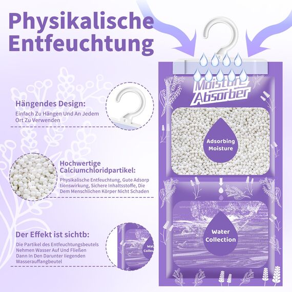 OMECO 20 x 230g entfeuchter schrank moisture Absorber mit Lavendel Duft，Luftentfeuchter Beutel Hängender Entfeuchtungsbeutel, feuchtigkeitsabsorber Trockenbeutel, Geeignet für Kleiderschrank,Schlafzi