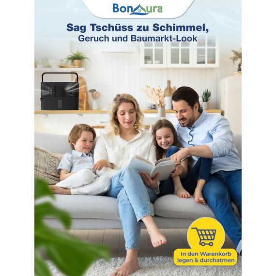 BonAura® AirOne Max Luftentfeuchter ohne Strom bis 33m² I 360° Belüftung I Raumentfeuchter mit Ausgießer & 5 x 980g Luftentfeuchter Granulat I Schimmel- und Geruchsschutz I Raum Entfeuchter Keller