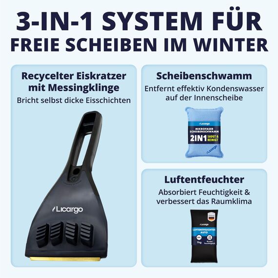 LICARGO Winter Komplett Set - Auto Luftentfeuchter (1kg) - 1x recycelter Eiskratzer - 1x Mikrofaser Scheibenschwamm - gegen beschlagene Autoscheiben - wiederverwendbarer Innenraum Luftentfeuchter