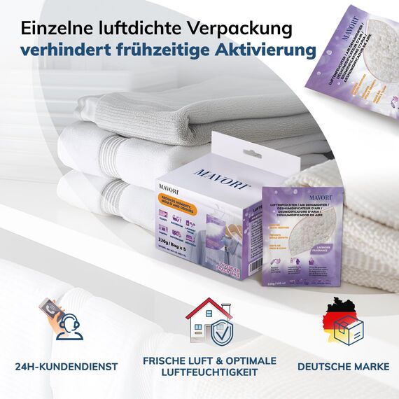 MAVORI 20er Set Luftentfeuchter zum Aufhängen I Luftentfeuchter Beutel I Entfeuchter Schrank und Feuchtigkeitsabsorber für Räume gegen Feuchtigkeit und Gerüche I bis zu 500ml Beutel (Lavendelduft)
