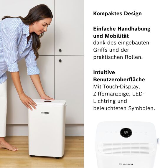 Bosch Dry 1000 Luftentfeuchter - Einfach. Effizient. Leise. - Für Räume bis zu 17 m² - Ideal für Deine Wohnung die schnelle Trocknung Deiner Wäsche