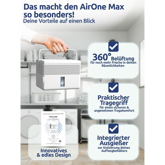 BonAura® 2 x AirOne Max Luftentfeuchter ohne Strom bis 33m² I 360° Belüftung I Raumentfeuchter mit Ausgießer & 980g Luftentfeuchter Granulat I Schimmel- und Geruchsschutz I Raum Entfeuchter Keller