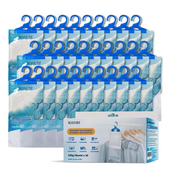 MAVORI 30er Set XL Luftentfeuchter zum Aufhängen I Luftentfeuchter Beutel I Entfeuchter Schrank und Feuchtigkeitsabsorber für Räume gegen Feuchtigkeit, Schimmel und Gerüche I bis zu 500ml je Beutel