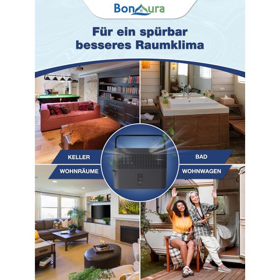 BonAura® AirOne Max Luftentfeuchter ohne Strom bis 33m² I 360° Belüftung I Raumentfeuchter mit Ausgießer & 5 x 980g Luftentfeuchter Granulat I Schimmel- und Geruchsschutz I Raum Entfeuchter Keller