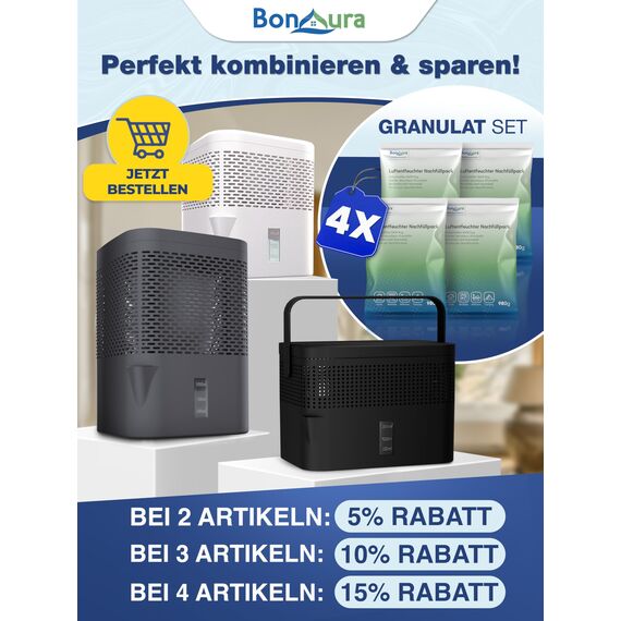 BonAura® AirOne Max Luftentfeuchter ohne Strom bis 33m² I 360° Belüftung I Raumentfeuchter mit Ausgießer & 5 x 980g Luftentfeuchter Granulat I Schimmel- und Geruchsschutz I Raum Entfeuchter Keller