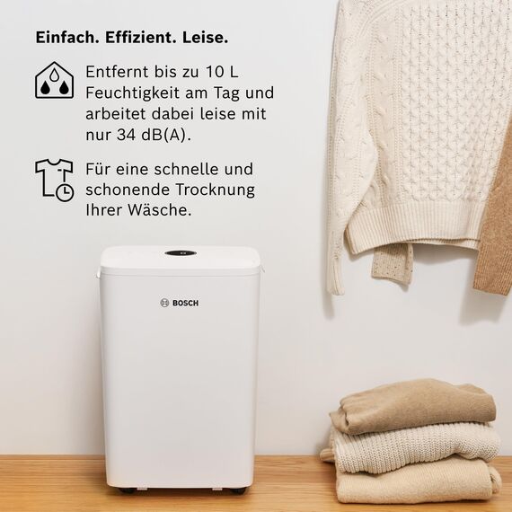 Bosch Dry 1000 Luftentfeuchter - Einfach. Effizient. Leise. - Für Räume bis zu 17 m² - Ideal für Deine Wohnung die schnelle Trocknung Deiner Wäsche