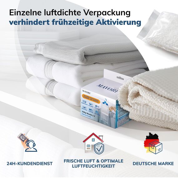 MAVORI 5er Set XL Luftentfeuchter zum Aufhängen I Luftentfeuchter Beutel I Entfeuchter Schrank und Feuchtigkeitsabsorber für Räume gegen Feuchtigkeit, Schimmel und Gerüche I bis zu 500ml je Beutel