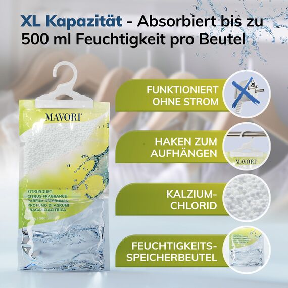 MAVORI 10er Set Luftentfeuchter zum Aufhängen I Luftentfeuchter Beutel I Entfeuchter Schrank und Feuchtigkeitsabsorber für Räume gegen Feuchtigkeit und Gerüche I bis zu 500ml Beutel (Zitrusduft)