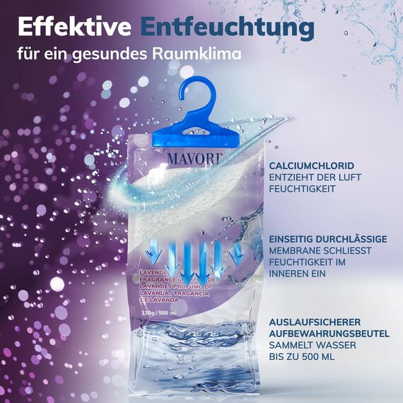 MAVORI 10er Set Luftentfeuchter zum Aufhängen I Luftentfeuchter Beutel I Entfeuchter Schrank und Feuchtigkeitsabsorber für Räume gegen Feuchtigkeit und Gerüche I bis zu 500ml Beutel (Lavendelduft)