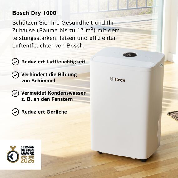 Bosch Dry 1000 Luftentfeuchter - Einfach. Effizient. Leise. - Für Räume bis zu 17 m² - Ideal für Deine Wohnung die schnelle Trocknung Deiner Wäsche