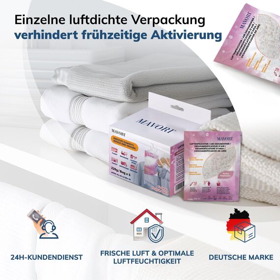 MAVORI 20er Set Luftentfeuchter zum Aufhängen I Luftentfeuchter Beutel I Entfeuchter Schrank und Feuchtigkeitsabsorber für Räume gegen Feuchtigkeit und Gerüche I bis zu 500ml Beutel (Blütenduft)