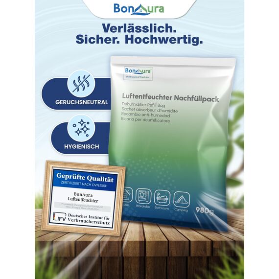 BonAura® Luftentfeuchter Nachfüllpack 6x 980g - Sparset Luftentfeuchter Granulat - 6er Set Entfeuchter Granulat - Schimmel- und Geruchsschutz