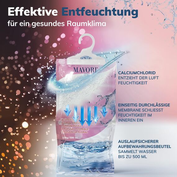 MAVORI 10er Set Luftentfeuchter zum Aufhängen I Luftentfeuchter Beutel I Entfeuchter Schrank und Feuchtigkeitsabsorber für Räume gegen Feuchtigkeit und Gerüche I bis zu 500ml Beutel (Blütenduft)