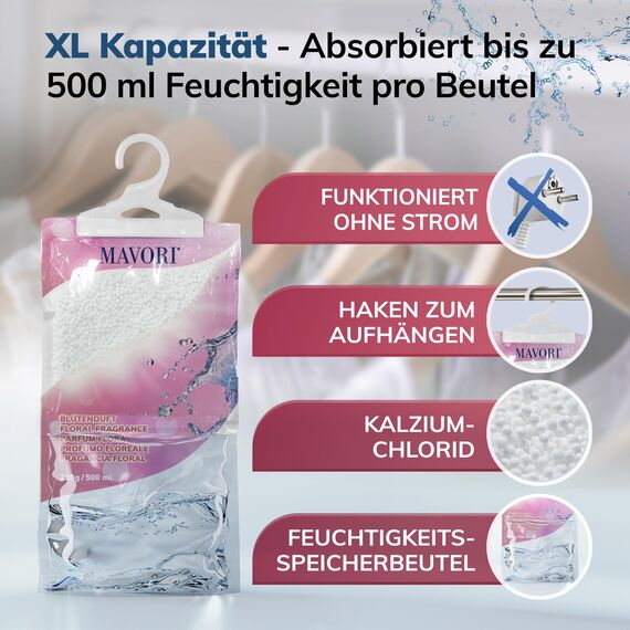 MAVORI 10er Set Luftentfeuchter zum Aufhängen I Luftentfeuchter Beutel I Entfeuchter Schrank und Feuchtigkeitsabsorber für Räume gegen Feuchtigkeit und Gerüche I bis zu 500ml Beutel (Blütenduft)