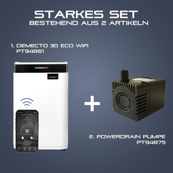 Comedes Demecto 30 eco WiFi Luftentfeuchter (25l/24h) + PowerDrain Kondensatpumpe - Geeignet für Räume & Keller bis 100m² / 230m³, Bautrockner mit App-Steuerung, inkl. 3m Schlauch