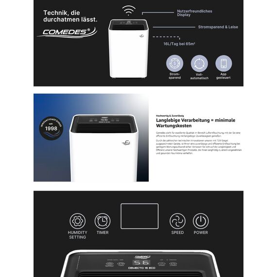 Comedes Demecto 16 eco WiFi Luftentfeuchter (16l/24h) + PowerDrain Kondensatpumpe - Geeignet für Wohnräume & Keller bis 65m² / 150m³, App-steuerbar, leise, Schlauchanschluss, inkl. 3m Schlauch