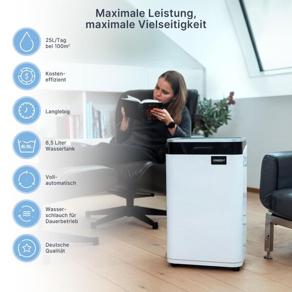 Comedes Demecto 30 eco Luftentfeuchter (25l/24h) + PowerDrain Kondensatpumpe – Geeignet für Räume & Keller bis 100m² / 230m³, Bautrockner mit Schlauchanschluss, inkl. 3m Schlauch