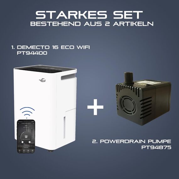 Comedes Demecto 16 eco WiFi Luftentfeuchter (16l/24h) + PowerDrain Kondensatpumpe - Geeignet für Wohnräume & Keller bis 65m² / 150m³, App-steuerbar, leise, Schlauchanschluss, inkl. 3m Schlauch