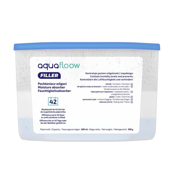 Aquafloow Raumentfeuchter 600 ml, Reduziert die Luftfeuchtigkeit, 4 Stück Nachfüllbeutel Granulat | Geruchsneutralisierer, Feuchtigkeitsabsorber für Küche, Schrank, Badezimmer und Arbeitszimmer