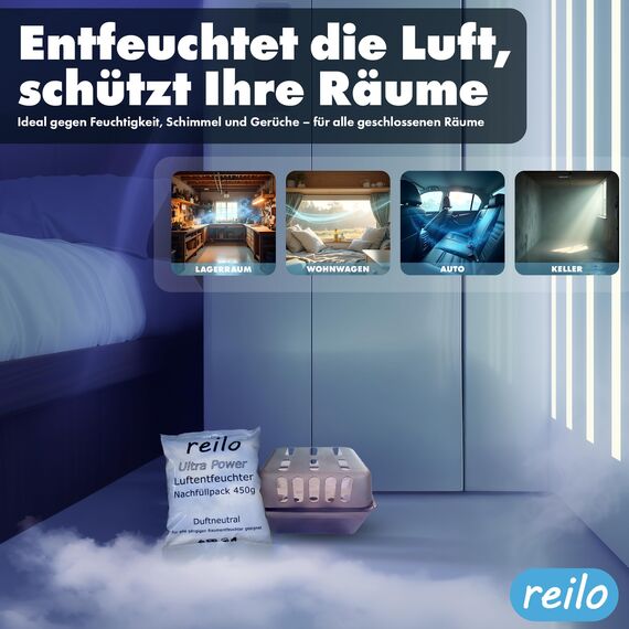 reilo 2x 450g Luftentfeuchter Granulat (Calciumchlorid), Raumluftentfeuchter im Vliesbeutel, Nachfüllpacks für Entfeuchterboxen 400 bis 1200 g, Lufttrockner für Wohnräume, Schlafzimmer, Keller