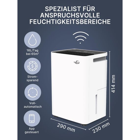 Comedes Demecto 16 eco WiFi - Leistungsstarker Luftentfeuchter (max. 16 Liter / 24h) Geeignet für Räume bis 65m²/150m³, App-fähig