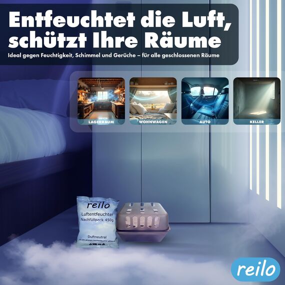 reilo 6x 450g Luftentfeuchter Granulat (Calciumchlorid), Raumluftentfeuchter im Vliesbeutel, Nachfüllpacks für Entfeuchterboxen 400 bis 1200 g, Lufttrockner für Wohnräume, Schlafzimmer, Keller
