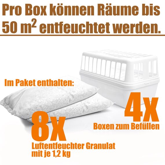 BigDean 4 Stück Luftentfeuchter + 8x 1,2kg Luftentfeuchtergranulat Nachfüllpack – Feuchtigkeits-Stopper nachfüllbar + wiederverwendbar – Luftentfeuchterbox ohne Strom