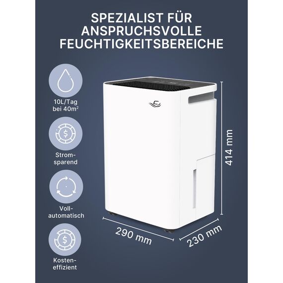 Comedes Demecto 10 eco – Geräuscharmer Effizienter Luftentfeuchter für Schlaf- und Kinderzimmer, leise & elektrische Luftentfeuchtung für Räume bis zu 40m² / 92m³