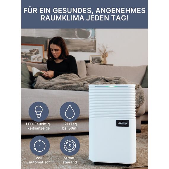 Comedes® Luftentfeuchter 12l / 24h - geräuscharmer Entfeuchter mit Rollen - leise & stromsparende Luftentfeuchtung für Wohnräume und Büros bis 25m² / 125m³ - Demecto 12 Dehumidifier