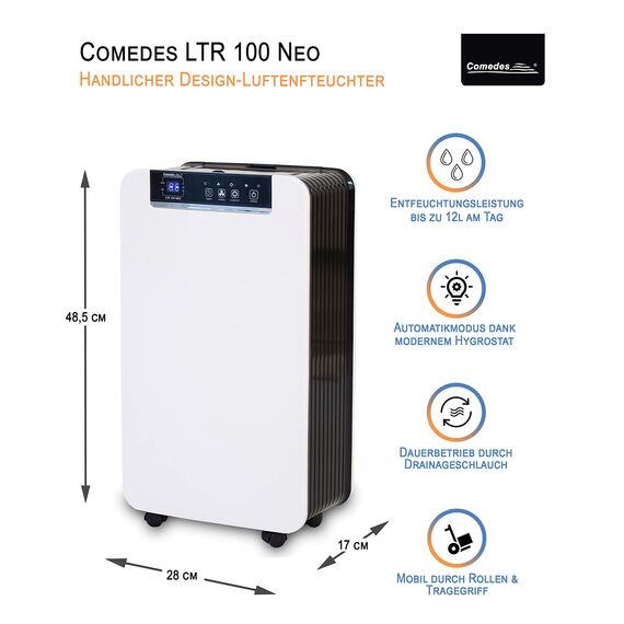 Comedes Elektrischer Luftentfeuchter LTR 100 NEO (max. 12 Liter / 24h) Geeignet für Räume bis 50m²/115m³