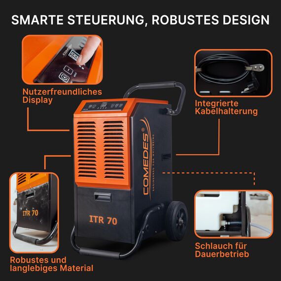 Comedes ITR 70 Luftentfeuchter (70 l/24h) + PowerDrain Kondensatpumpe – Geeignet für Keller & Baustellen bis 150 m² / 345 m³, leistungsstark mit automatischer Wasserableitung, inkl. 3m Schlauch