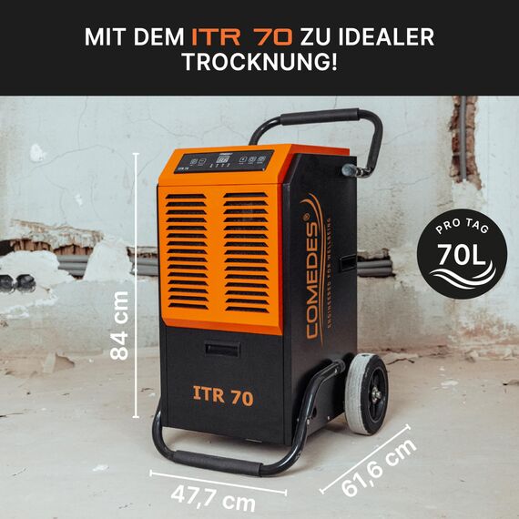 Comedes ITR 70 Luftentfeuchter (70 l/24h) + PowerDrain Kondensatpumpe – Geeignet für Keller & Baustellen bis 150 m² / 345 m³, leistungsstark mit automatischer Wasserableitung, inkl. 3m Schlauch