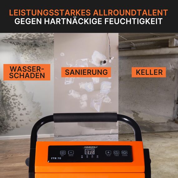 Comedes ITR 70 Luftentfeuchter (70 l/24h) + PowerDrain Kondensatpumpe – Geeignet für Keller & Baustellen bis 150 m² / 345 m³, leistungsstark mit automatischer Wasserableitung, inkl. 3m Schlauch